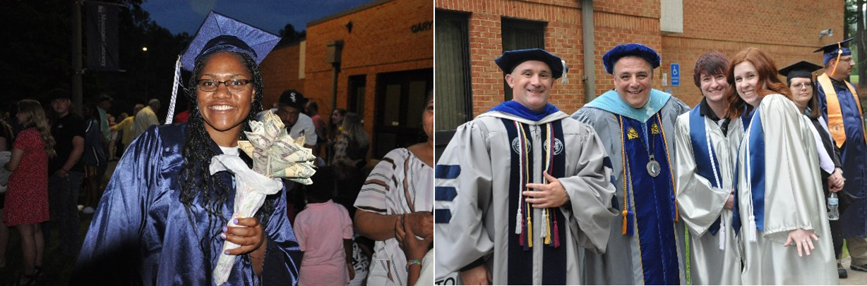 Images (2) left-to-right: Female student holding a bouquet and another photo of MGCC President John Rainone surrounded by graduating students