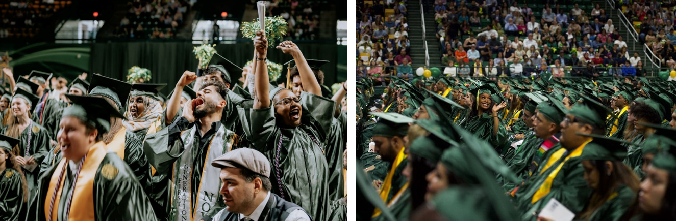Images (2) of students in green robes celebrating their graduation.