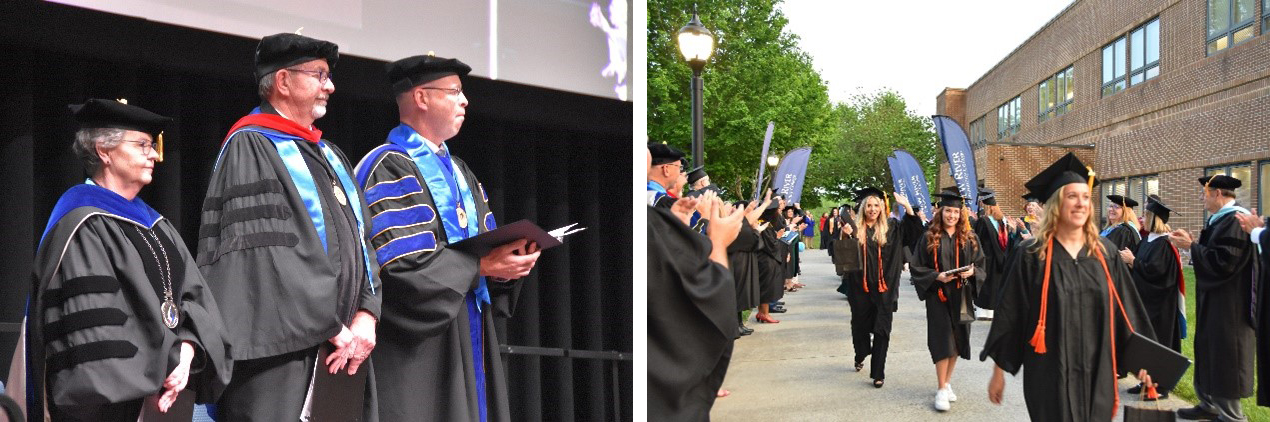 Images (2) left-to-right: NRCC President Pat Huber is flanked by two colleagues. 2nd photo is an outdoor student procession.