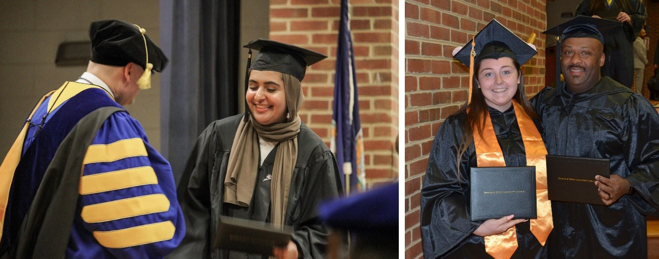 Images (2) left-to-right: P&HCC President Greg Hodges shakes hands with smiling female student. 2nd photo features a newlywedded couple.