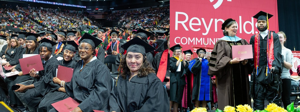 Images (2) left-to-right: sweeping photo of students on floor of Seigel Center in Richmond. 2nd photo features Reynolds President Paula Pando and paralyzed student Khalil Watson.