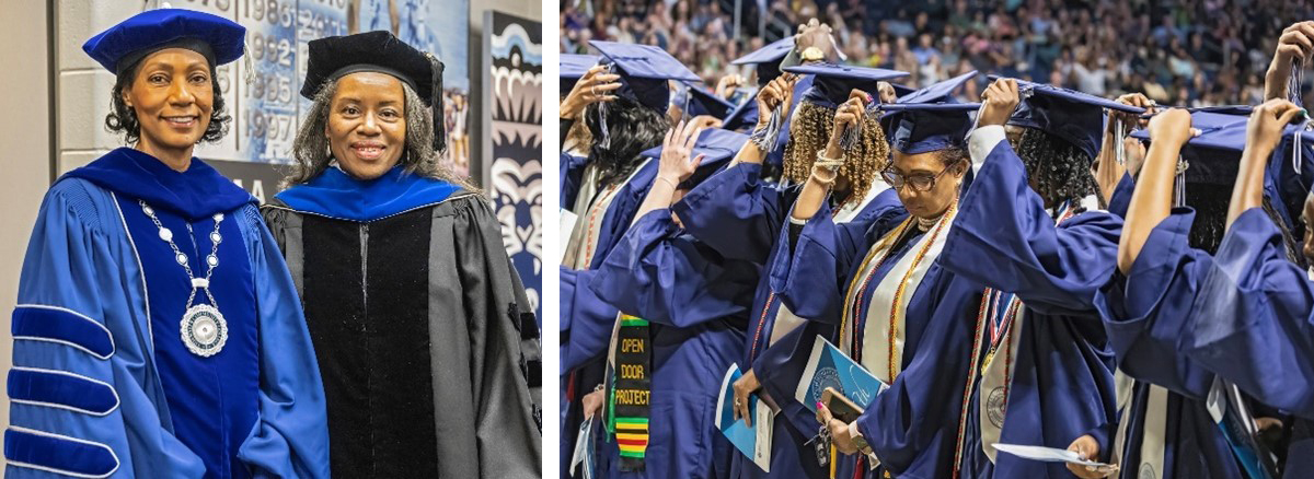 Images (2) left-to-right: TCC President Marcia Conston poses with Lt Governor Winsome Sears. 2nd image is a group of mostly female students moving their tassles. 