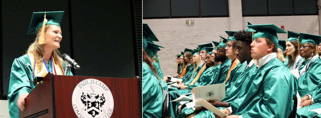 camp blended Images (2) of Camp graduates; one female at lecturn and aisle shot of multiple grads