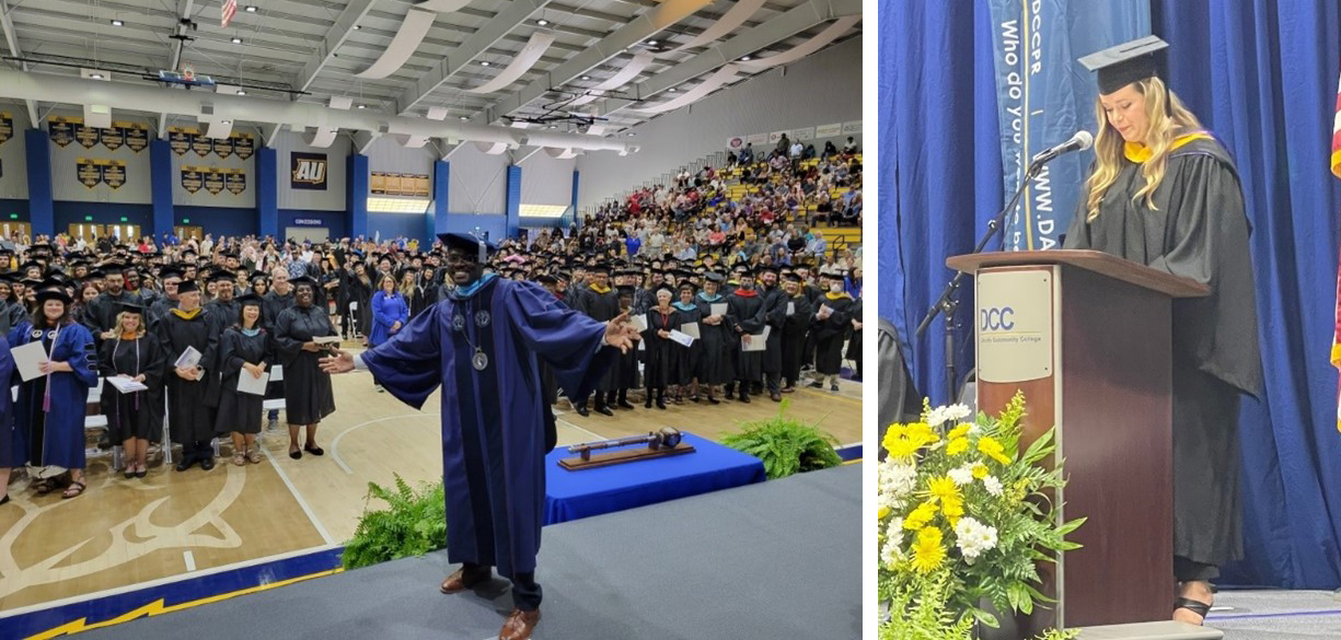 danville blended Images (2) of DCC graduation; left-to-right, President Jerry Wallace. No. 2 of female student at lecturn.