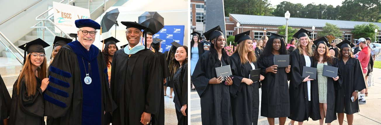 eastern blended Images (2) of ESCC graduates left-to-right ESCC President James Shaeffer surrounded by graduating students and No. 2, group of female students holding degrees