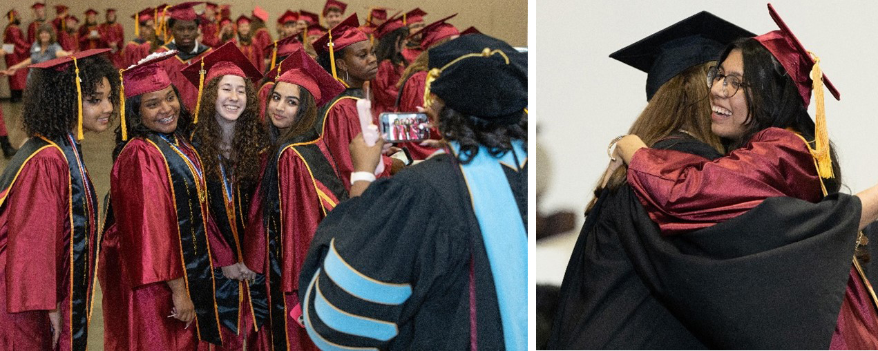 germanna blended Images (2): Left-to-right group of female grads posing for pictures and another of two students embracing one another