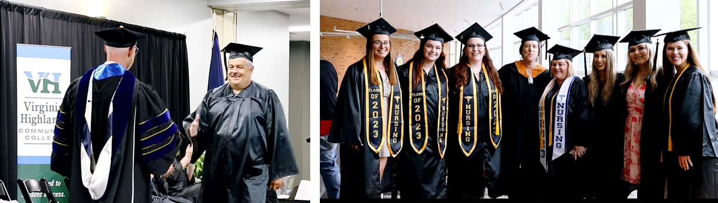 Images (2) left-to-right: VHCC President Adam Hutchison greets older male graduate. 2nd photo features group of female grads.