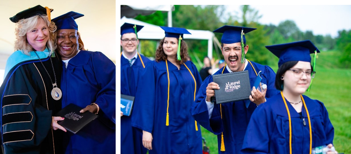 laurel ridge blended Images (2): Left-to-right: LRCC President Kim Blosser poses with student/colleague and a student group shot featuring smiling man