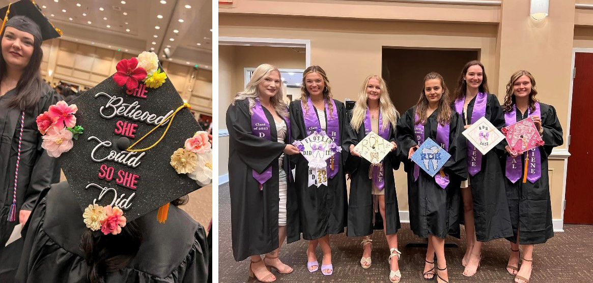 Images (2) left-to-right: female grad shows off the top of her cap. 2nd image features a group of female graduates. 