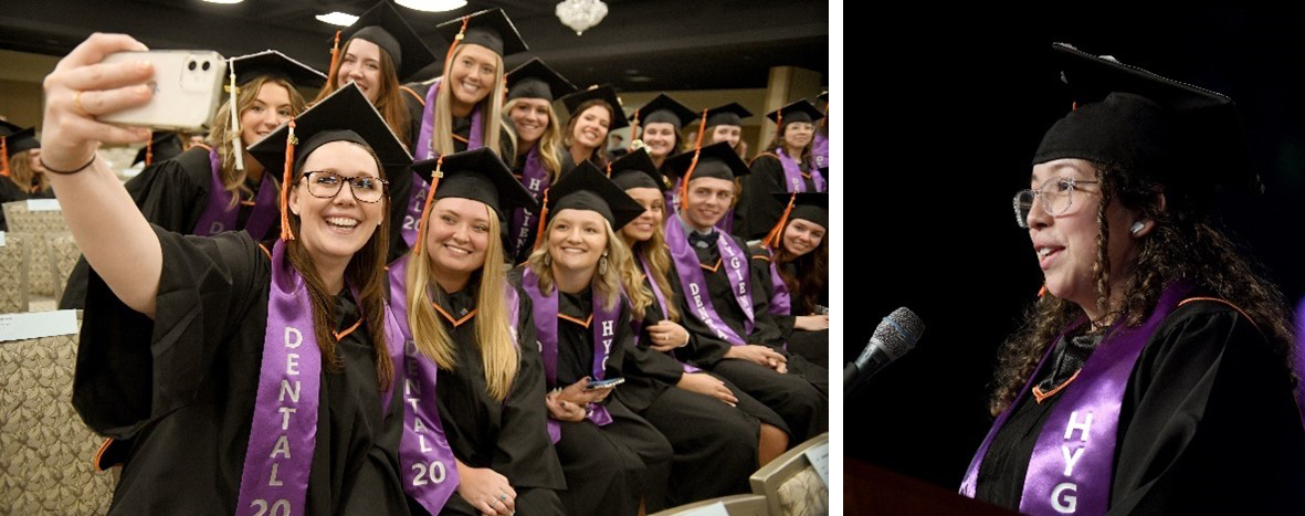 Images (2) left-to-right: Group of graduating students pose for a selfie. 2nd image features female student addressing audience.
