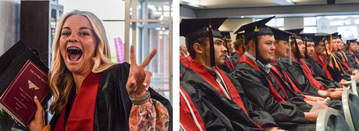 Images (2) left-to-right: Female grad flashing victory sign. 2nd image features aisle shot of graduates. 