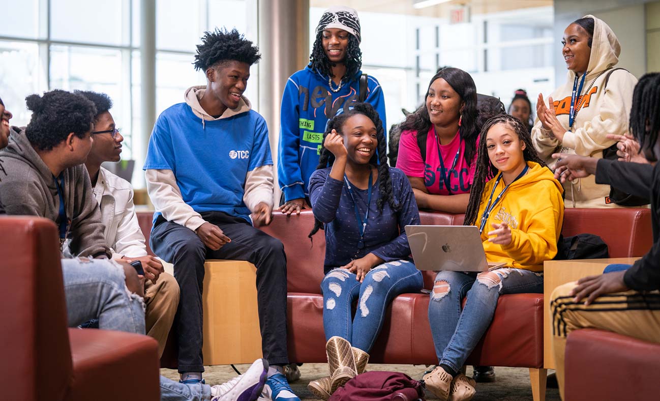 Diverse high school students in a lounge